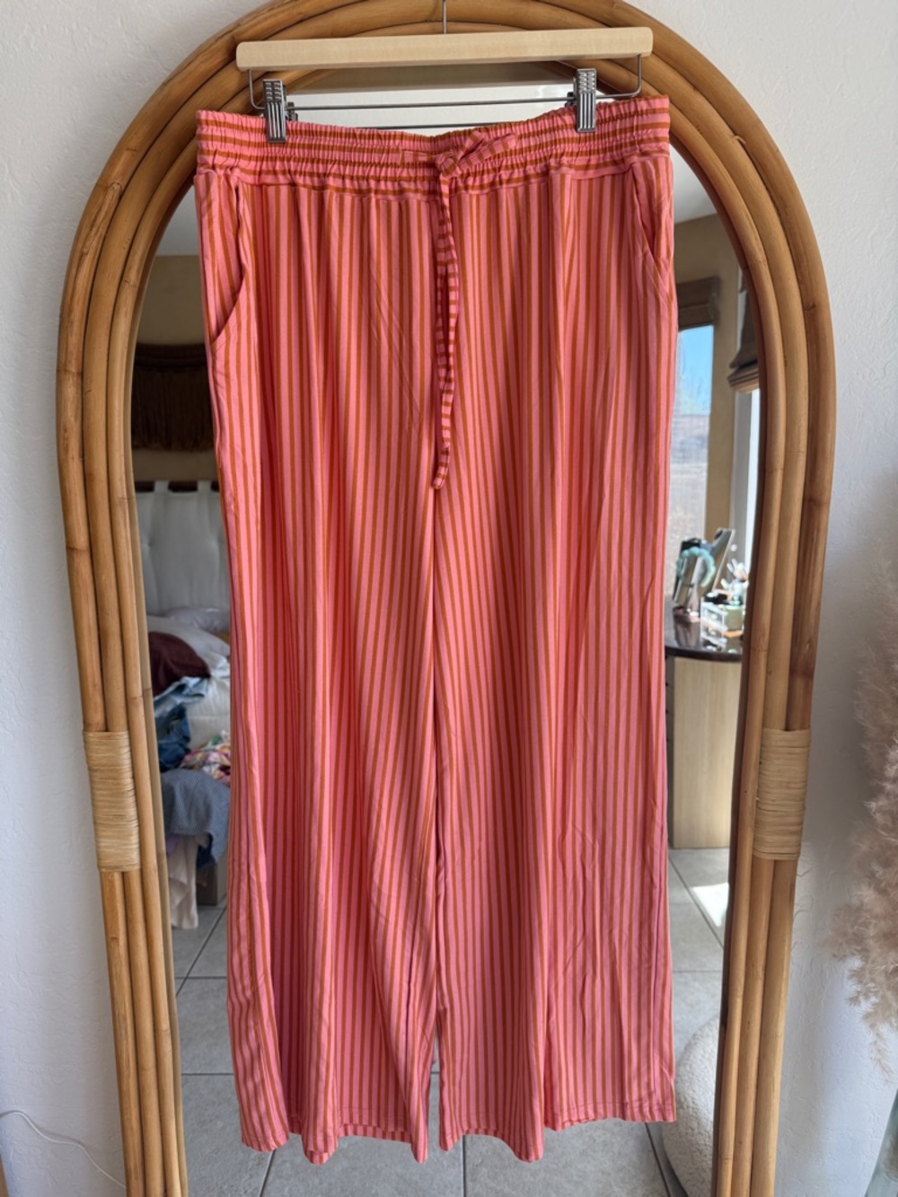 Striped Coral Drawstring Wide-Leg Pants